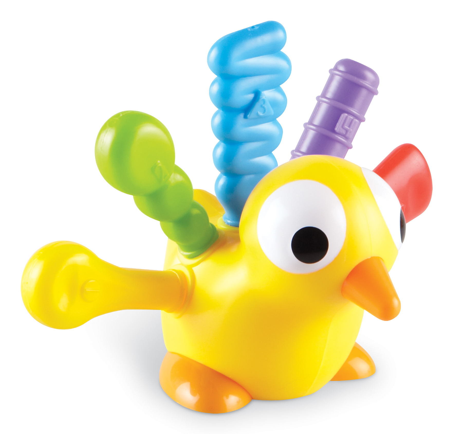Ein buntes gelbes Plastikvogelspielzeug mit strukturierten blauen, grünen und lila Federn auf dem Rücken.