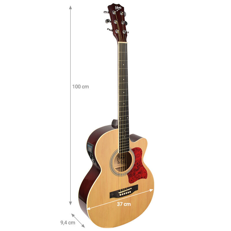 Akustikgitarre mit Maßen: 100 cm Höhe, 37 cm Breite und 9,4 cm Tiefe vor weißem Hintergrund.