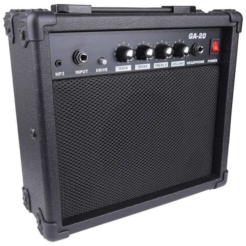 Ein schwarzer GA-20 Gitarrenverstärker mit Drehreglern, Knöpfen und einem großen Lautsprechergitter.