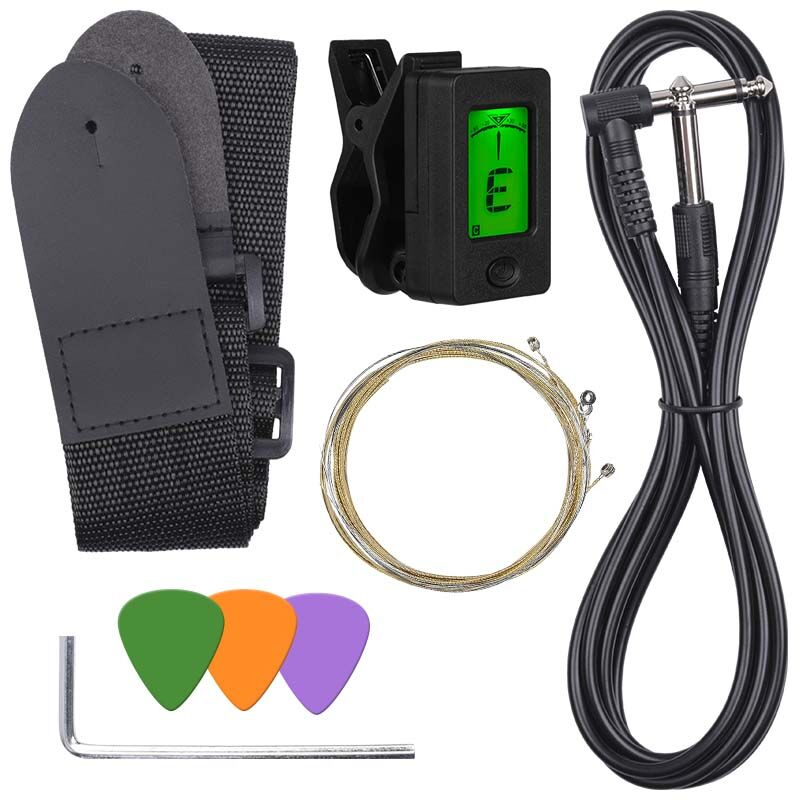 Gitarrenzubehör: Gurt, Stimmgerät, Kabel, Saiten, Plektren und Inbusschlüssel auf weißem Hintergrund.