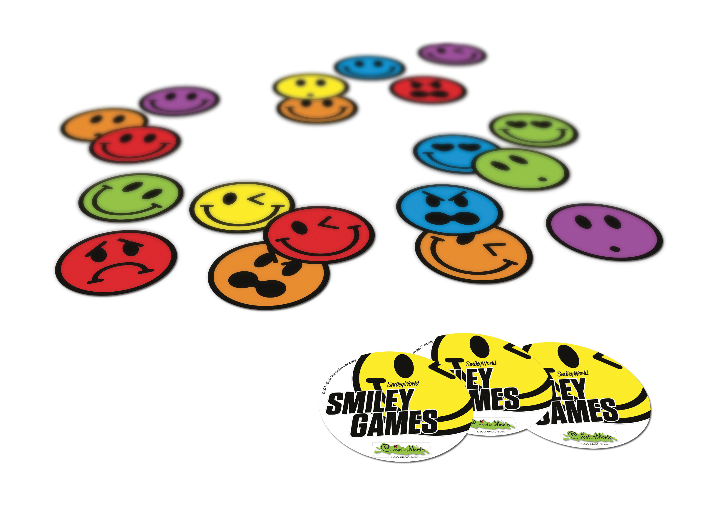 Bunte Smiley-Spielchips mit verschiedenen Gesichtsausdrücken und drei gelben Smiley-Games-Spielsteinen unten.
