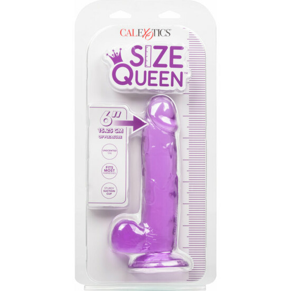 Violetter Sexspielzeug in transparenter Verpackung mit der Aufschrift Size Queen und Messskala.