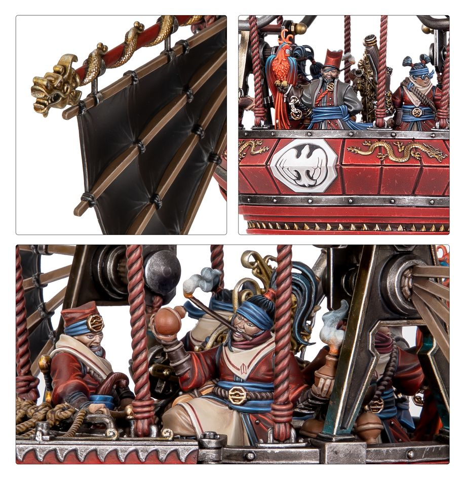 Nahaufnahme von bemalten Miniaturen eines Fantasy-Luftschiffs mit Crew, Segel und Verzierungen.