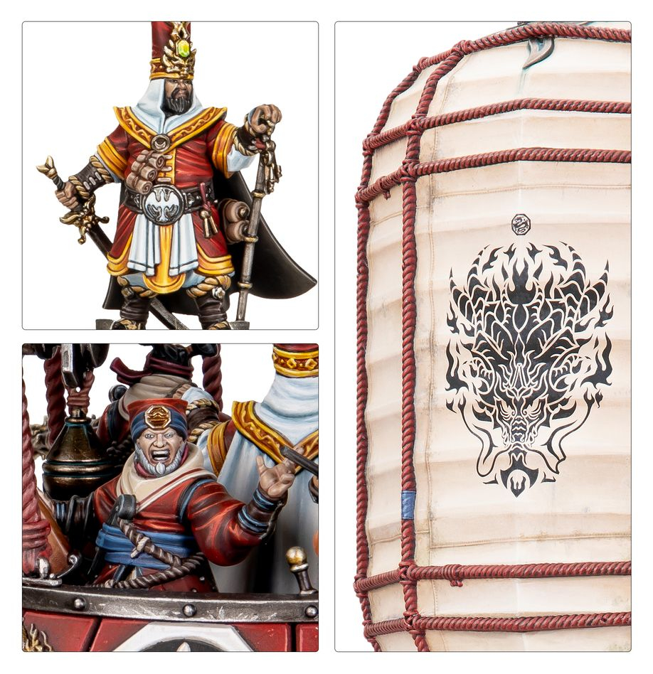 Detaillierte Miniaturen von Fantasy-Figuren in rot-weißen Gewändern, mit einer großen, mit Drachenmotiv verzierten Laterne.
