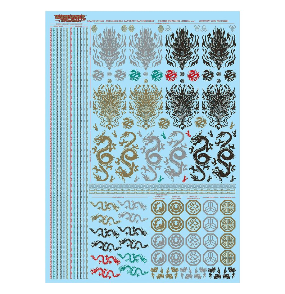 Ein blauer Bogen mit Warhammer-Abziehbildern mit chinesischen Drachenmotiven, Symbolen und Zierstreifen.