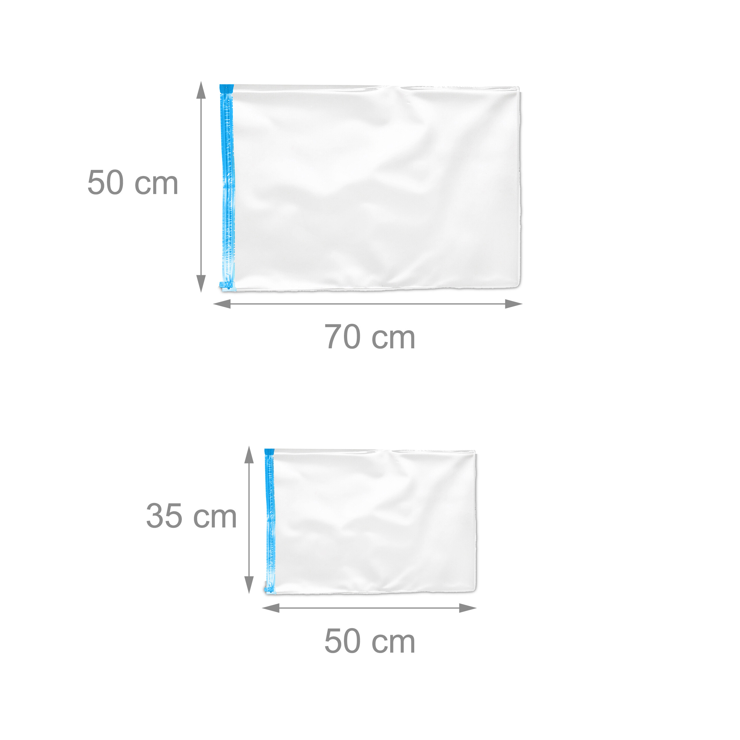 Zwei weiße Aufbewahrungsbeutel mit blauem Reißverschluss und Maßangaben in cm.