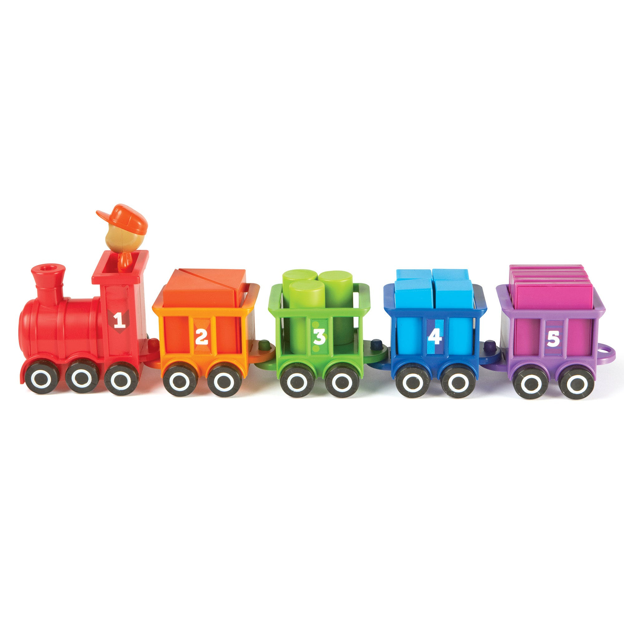 Buntes Holzzug-Spielzeug mit Zahlen von eins bis fünf auf den Wagen vor weißem Hintergrund.