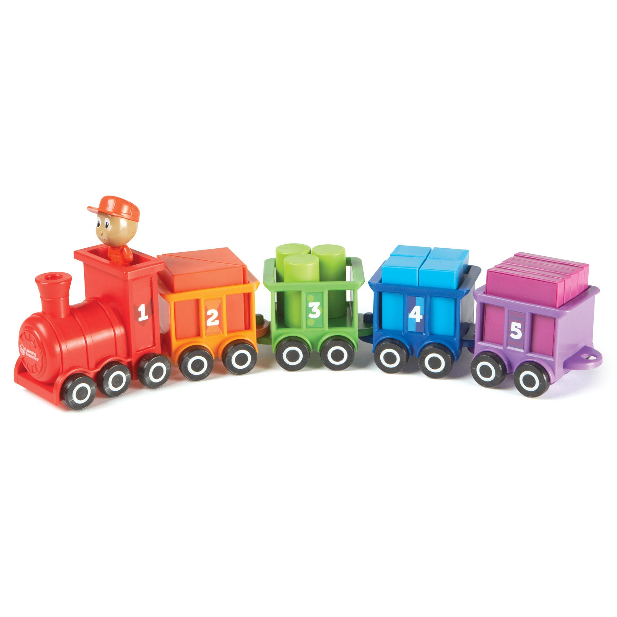 Buntes Kinderspielzeug-Zugset mit nummerierten Wagen von 1 bis 5, einem Lokführer und verschiedenen Formen darin.