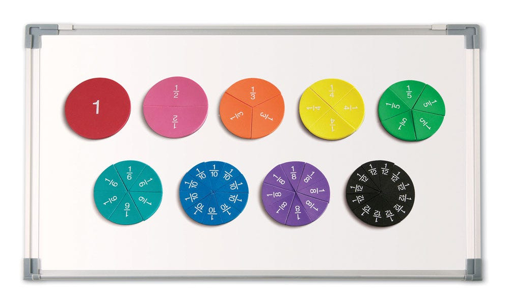 Bunte magnetische Bruchrechenkreise mit verschiedenen Brüchen auf einer weißen Tafel.