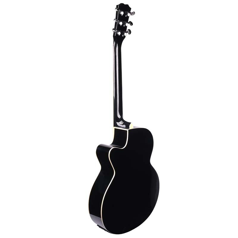Rückseite einer schwarzen Akustikgitarre mit hellem Rand auf weißem Hintergrund.
