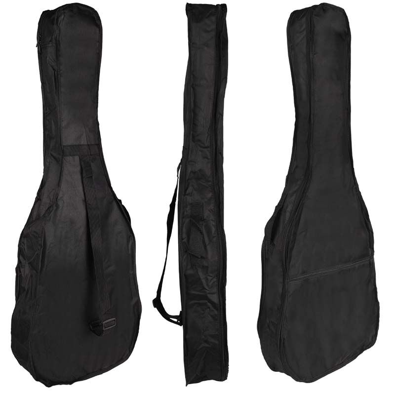 Drei Ansichten einer schwarzen Gitarrentasche auf weißem Hintergrund.