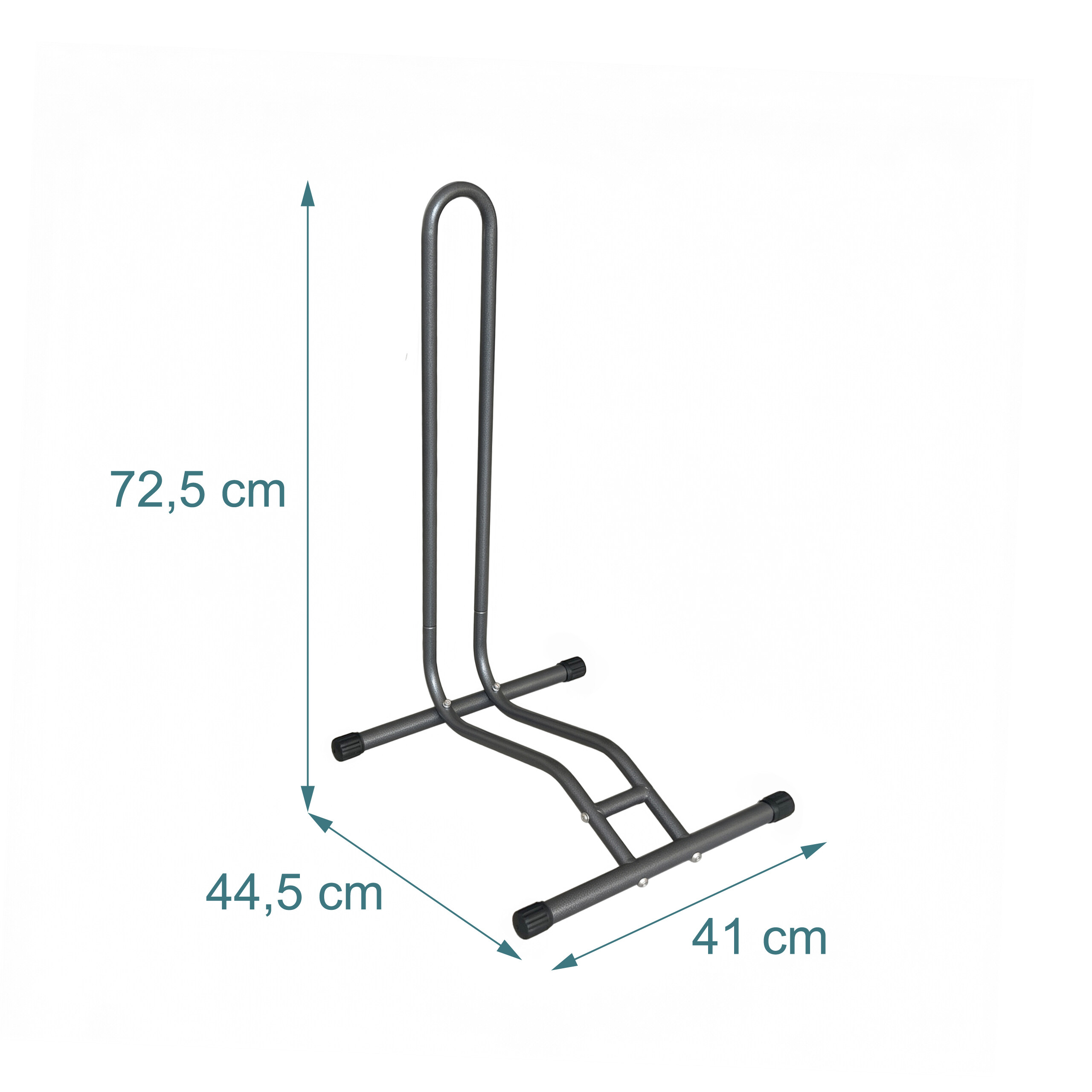Grauer Metall-Fahrradständer mit Abmessungen von 72,5 x 44,5 x 41 cm auf weißem Hintergrund.