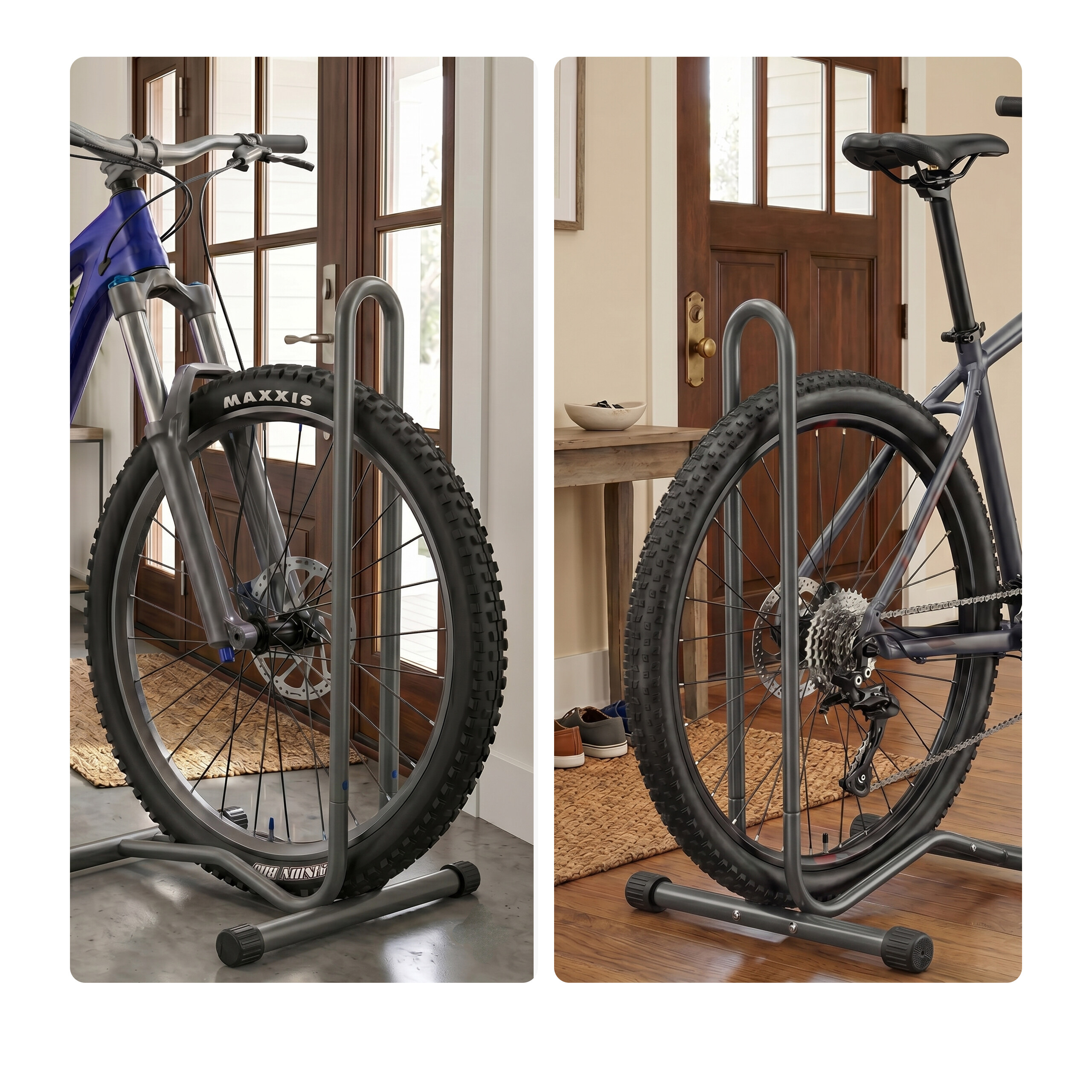 Ein blaues Mountainbike steht vor einer Holztür in einem Ständer.