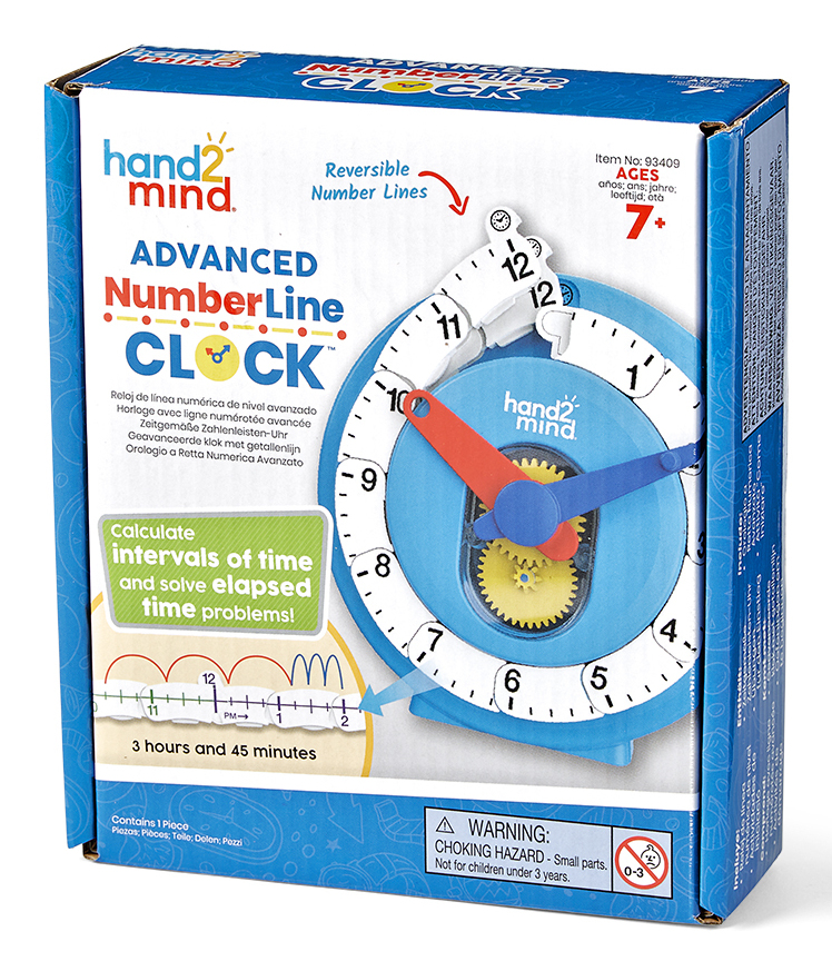 Verpackung der Hand2mind Advanced NumberLine Clock mit blauem Zifferblatt und roten und blauen Zeigern.