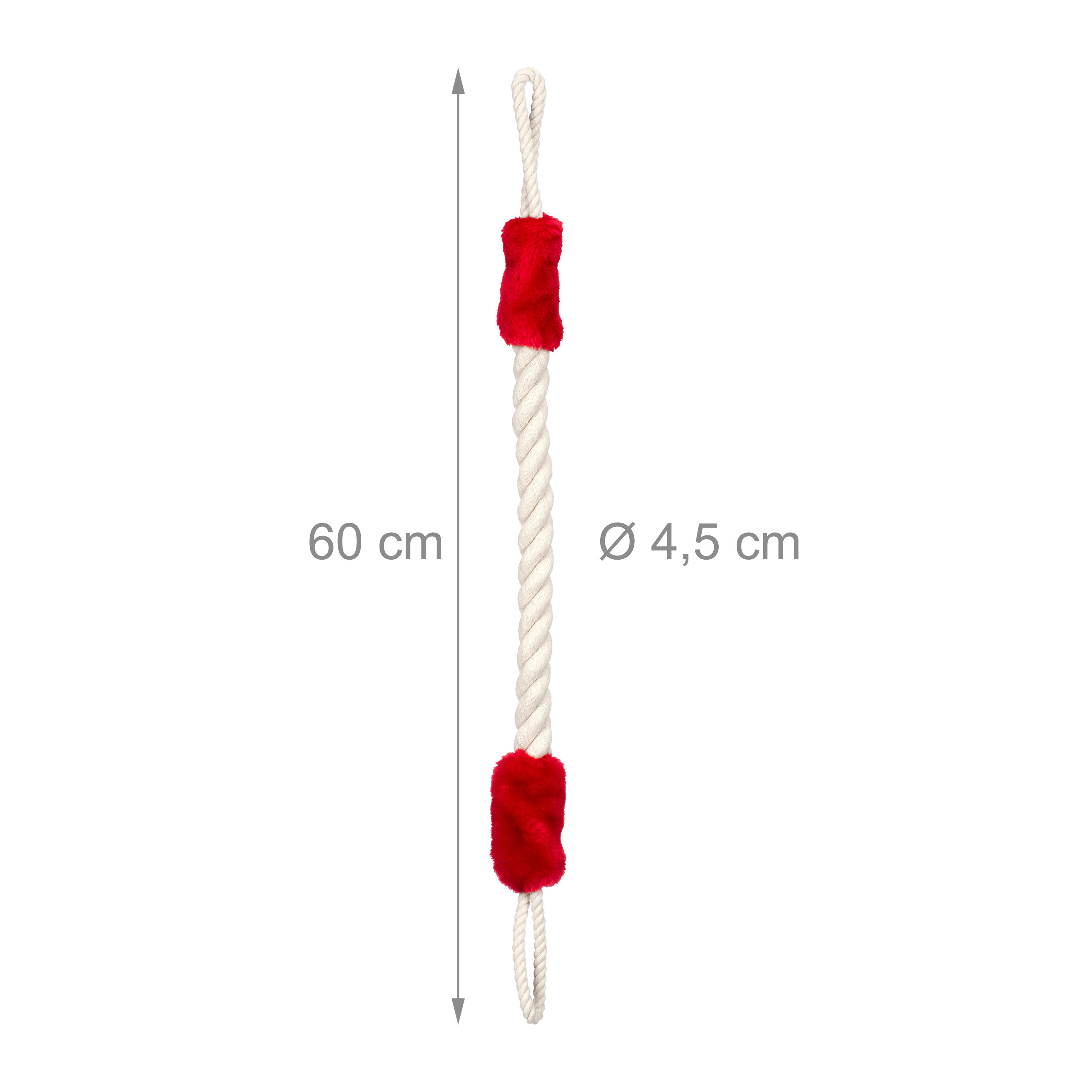 Ein weißes 60 cm langes Seil mit 4,5 cm Durchmesser und roten Plüschakzenten auf weißem Hintergrund.