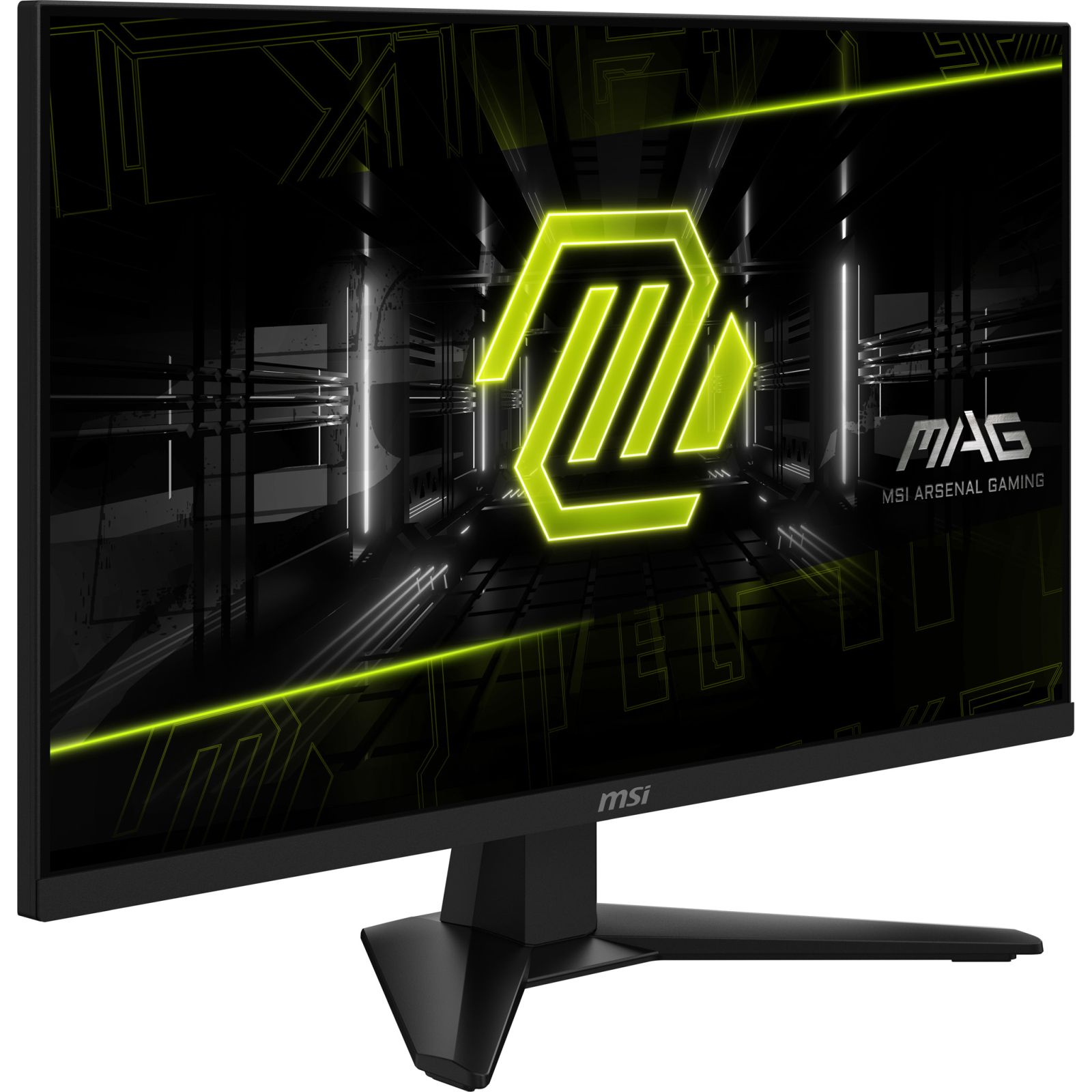Un monitor da gioco MSI nero che mostra un logo giallo luminoso su sfondo scuro.