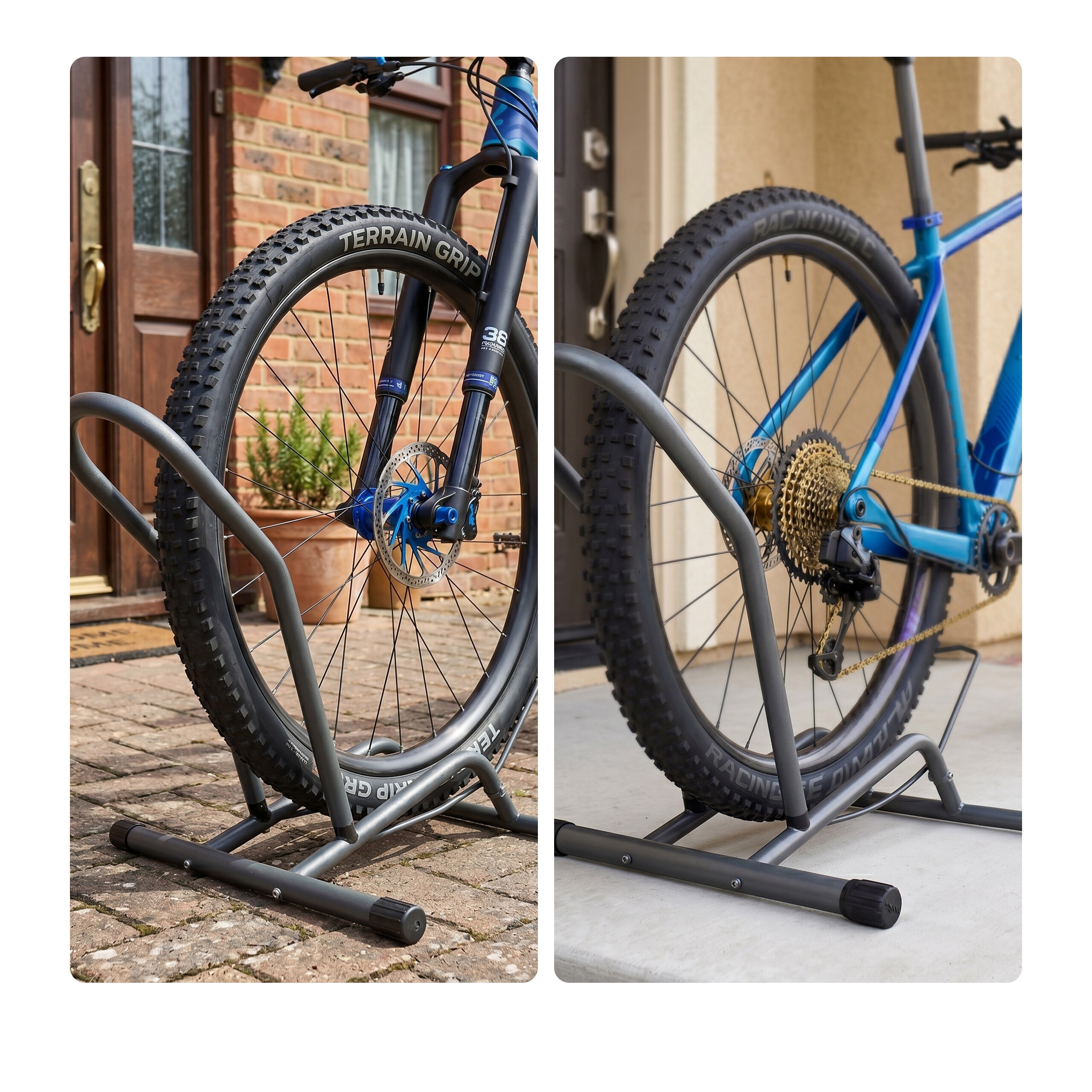 Ein blaues Mountainbike, das draußen in einem Metall-Bodenständer befestigt ist.