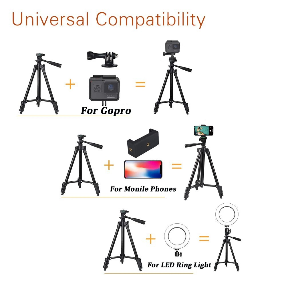 Diagramm zeigt Stativkompatibilität mit GoPro, Mobiltelefonen und LED-Ringleuchten durch Adapter.