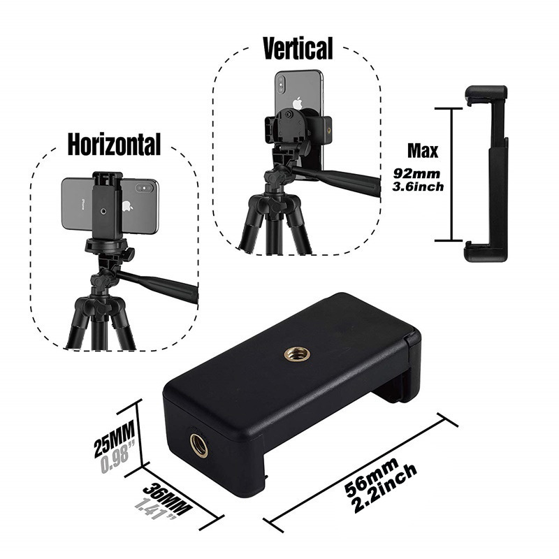 Diagramm einer schwarzen Smartphone-Stativhalterung mit horizontaler und vertikaler Ausrichtung sowie Maßen.