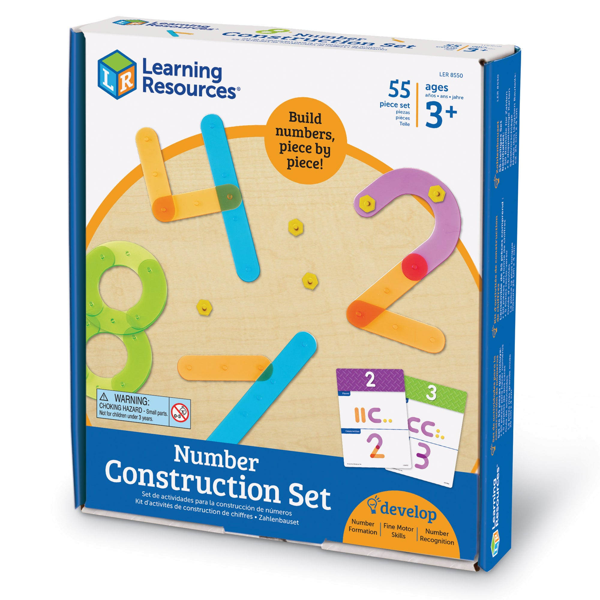 Schachtel des Number Construction Set von Learning Resources mit bunten Kunststoffstäbchen.