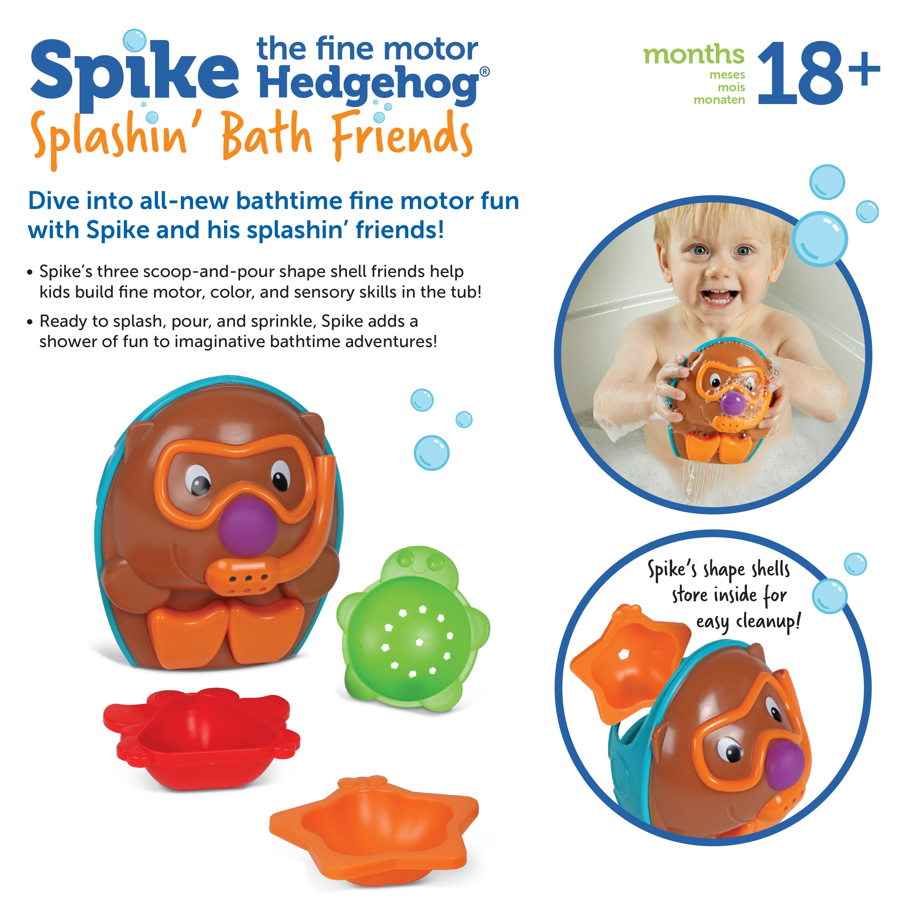 Spike der Igel Badespielzeug für Kinder mit farbigen Muscheln und Produktbeschreibung.