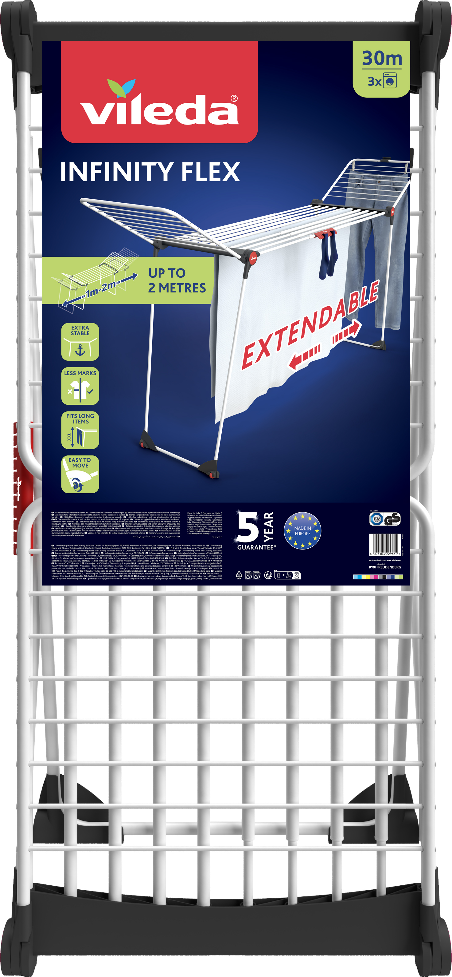 Vileda Infinity Flex Wäscheständer mit ausziehbaren Armen und hängender Wäsche auf blauem Hintergrund.