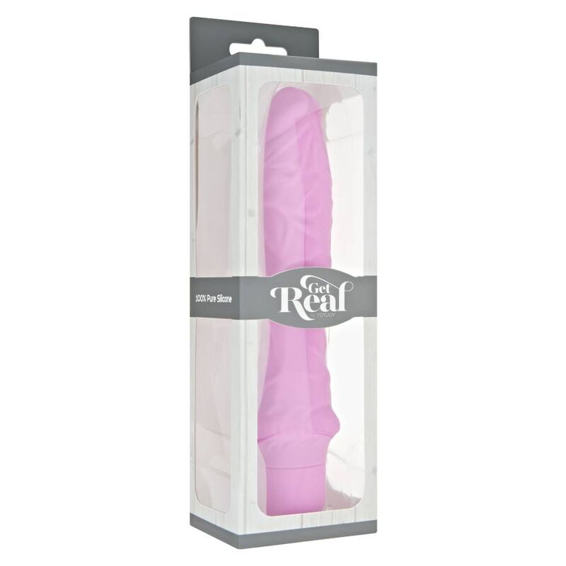 Eine rosa Silikon-Sexspielzeug in einer grauen und weißen Verpackung mit der Aufschrift Get Real.