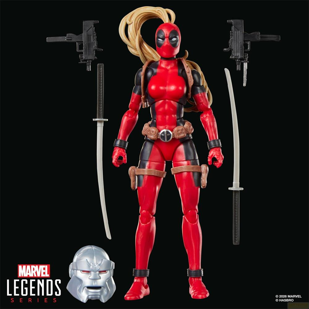 Lady Deadpool Actionfigur mit blondem Zopf, Schwertern, Pistolen und einem silbernen Kopf.