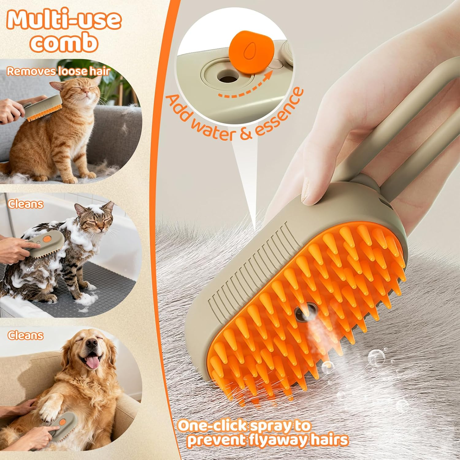 Eine Hand hält eine orange-beige Haustürbürste, die Dampf abgibt, mit kleineren Bildern von Hunden und Katzen.