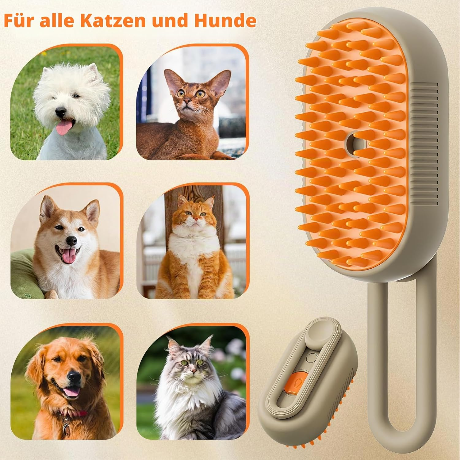 Eine beige Tierbürste mit orangefarbenen Silikonborsten und verschiedenen Katzen und Hunden.