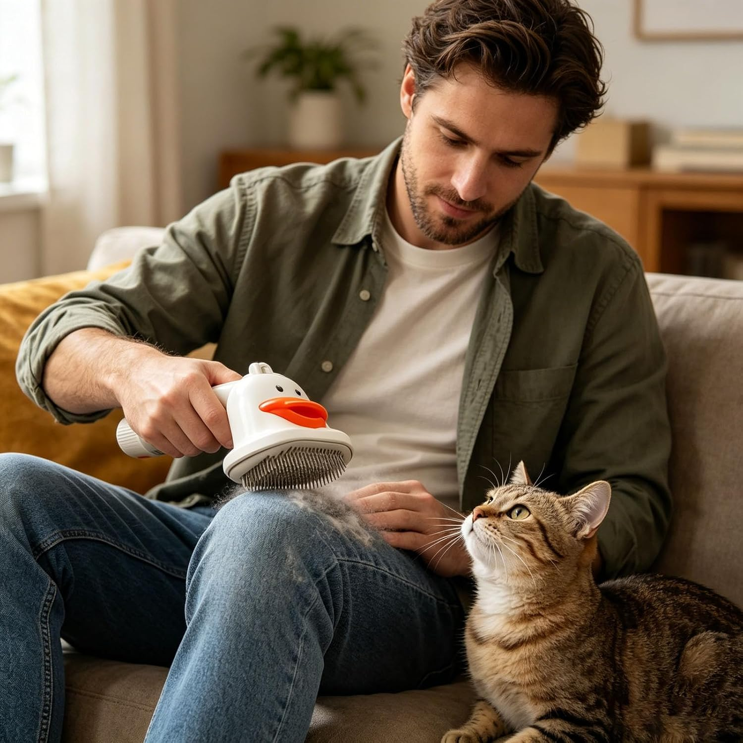 Ein Mann bürstet Katzenhaare von seiner Hose mit einer Enten-Fusselbürste, während eine getigerte Katze zusieht.