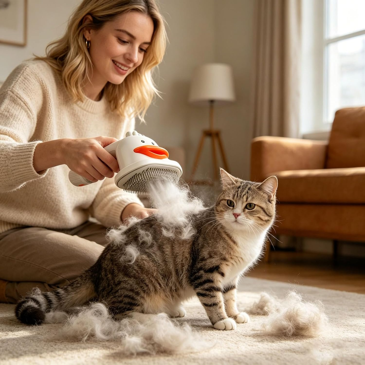 Eine Frau kämmt eine getigerte Katze mit einer Dampfbürste, während um sie herum lose Haare auf dem Teppich liegen.