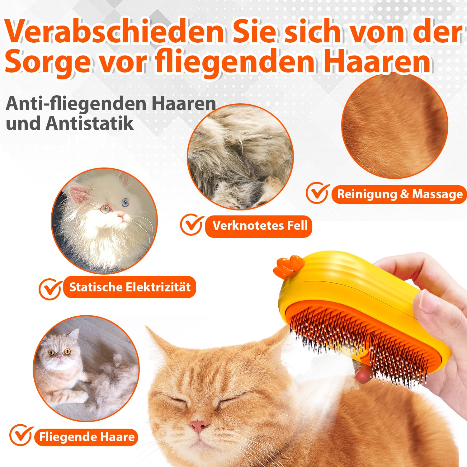 Werbebild für eine gelbe Katzenbürste, die gegen statische Elektrizität, Knoten und fliegende Haare hilft.