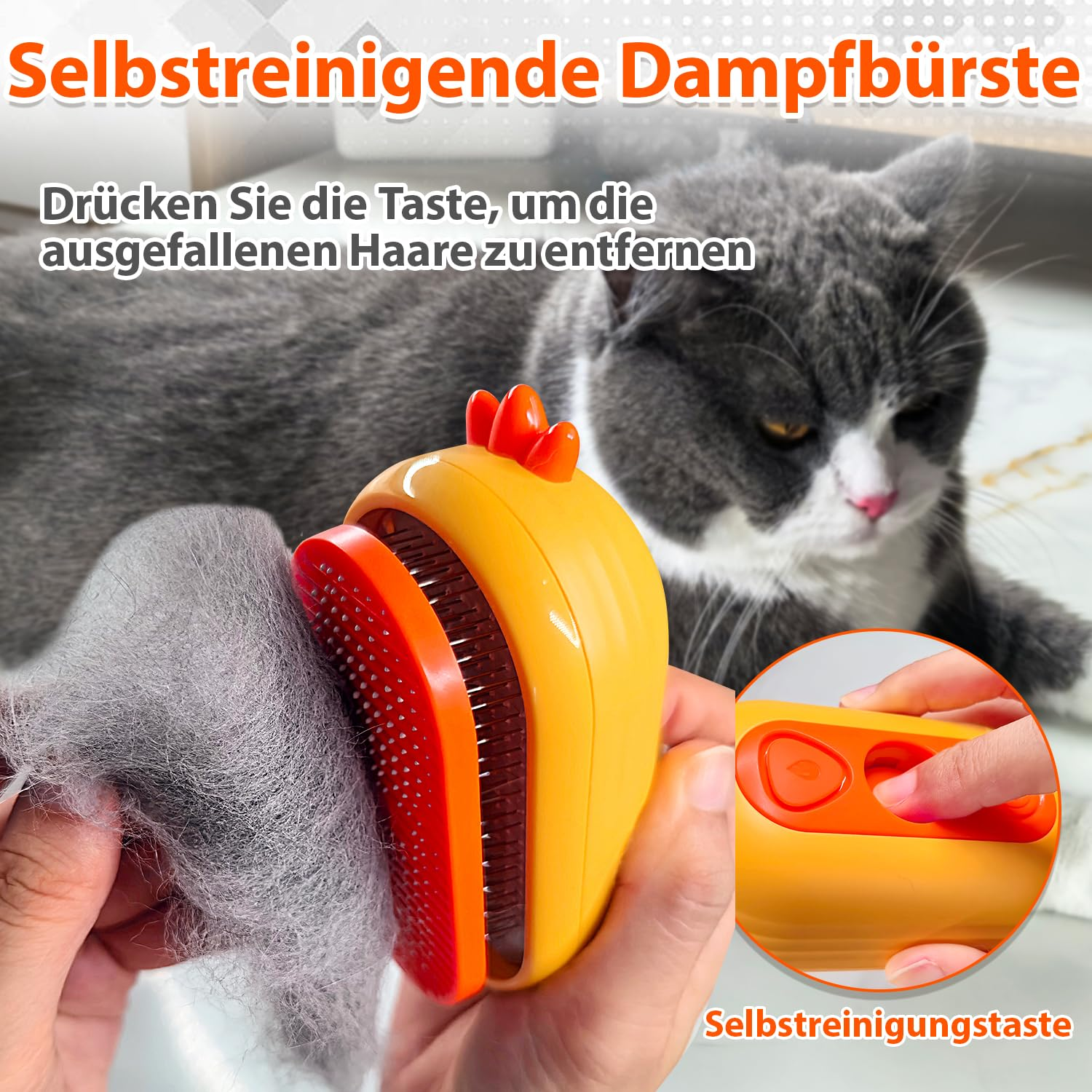 Person peelts grey cat fur off a yellow and orange pet brush, with a cat in the background.