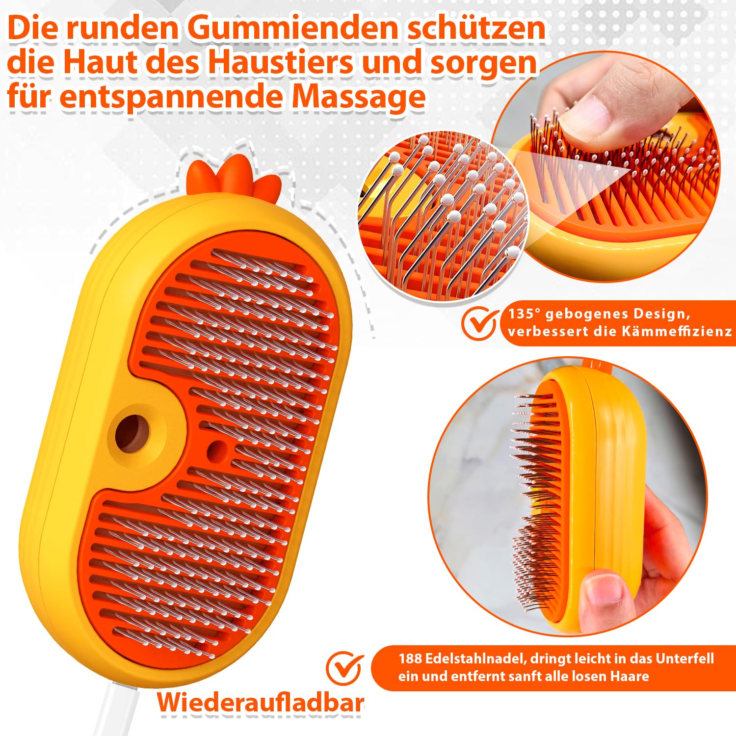 Eine orange-gelbe Haustierbürste mit abgerundeten Metallstiften und Nahaufnahmen der Borsten.