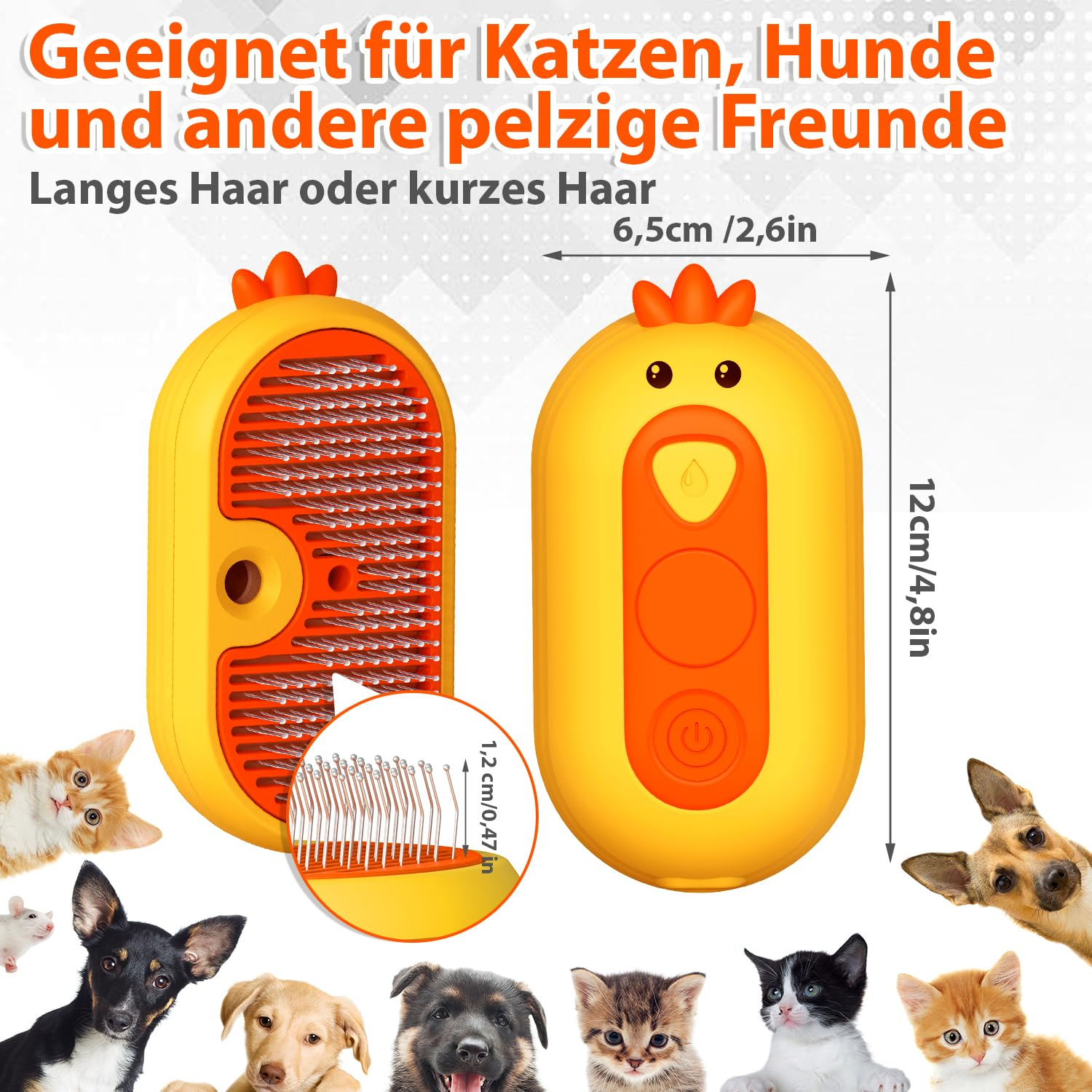Gelbe Küken-Tierbürste mit orangen Borsten und Maßen, umgeben von Bildern verschiedener Hunde und Katzen.