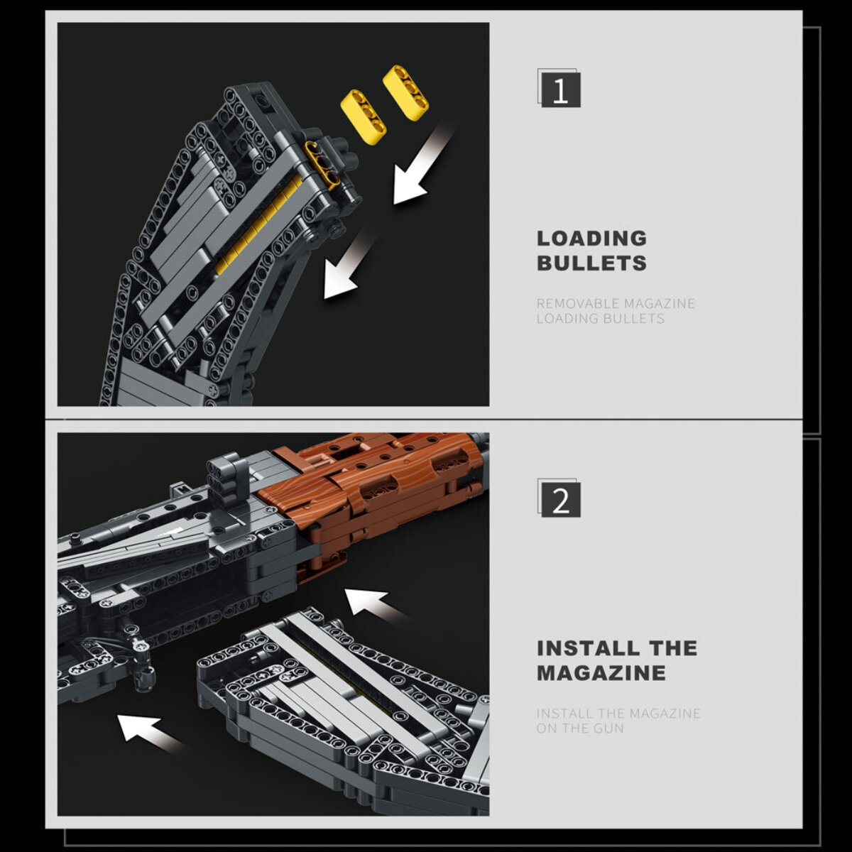 Anleitungsschritte für Lego-Gewehr: 1. Kugeln laden, 2. Magazin installieren.