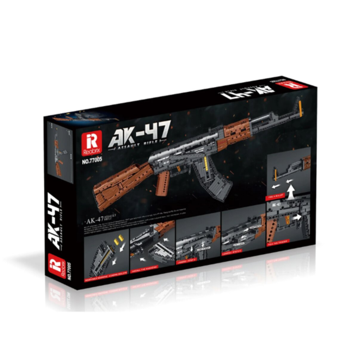 Eine schwarze Reobrix AK-47 Bausteine-Schachtel mit Produktbildern vor dunklem Hintergrund.