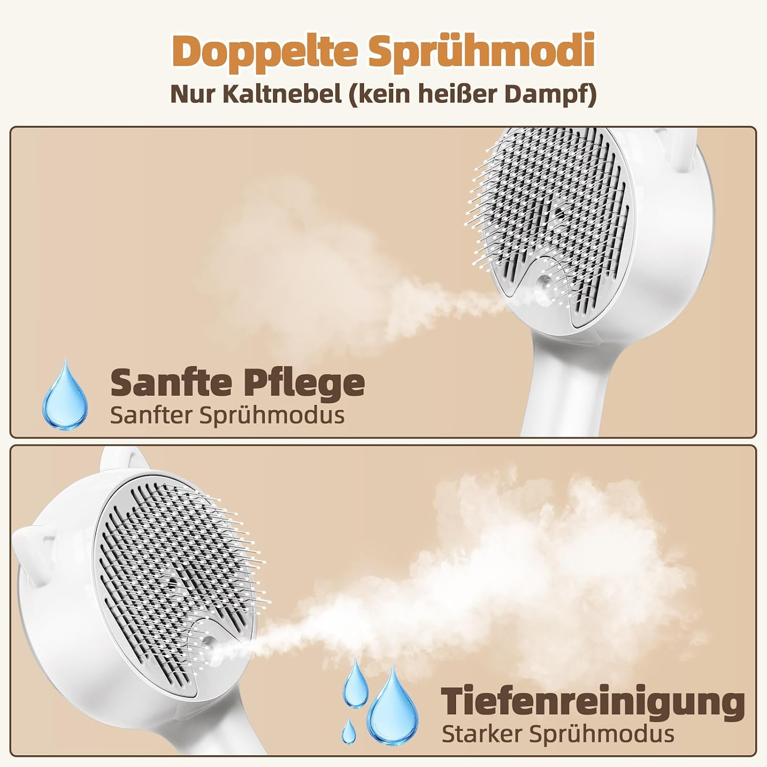 Eine weiße Haustierbürste sprüht kalten Nebel in zwei verschiedenen Stärken für sanfte Pflege und Tiefenreinigung.