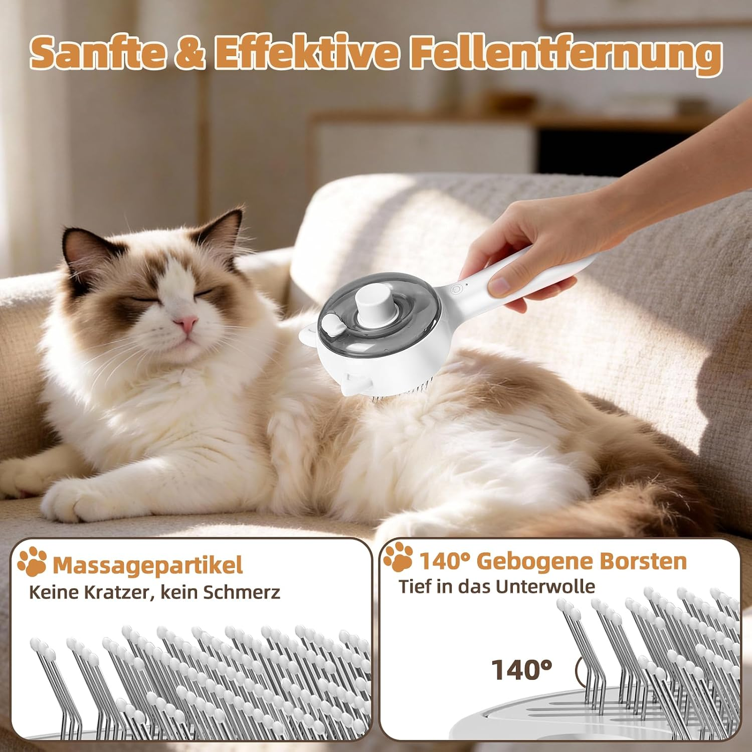 Eine Hand bürstet eine entspannte weiße und braune Katze auf einem Sofa mit einer weißen Haarbürste.