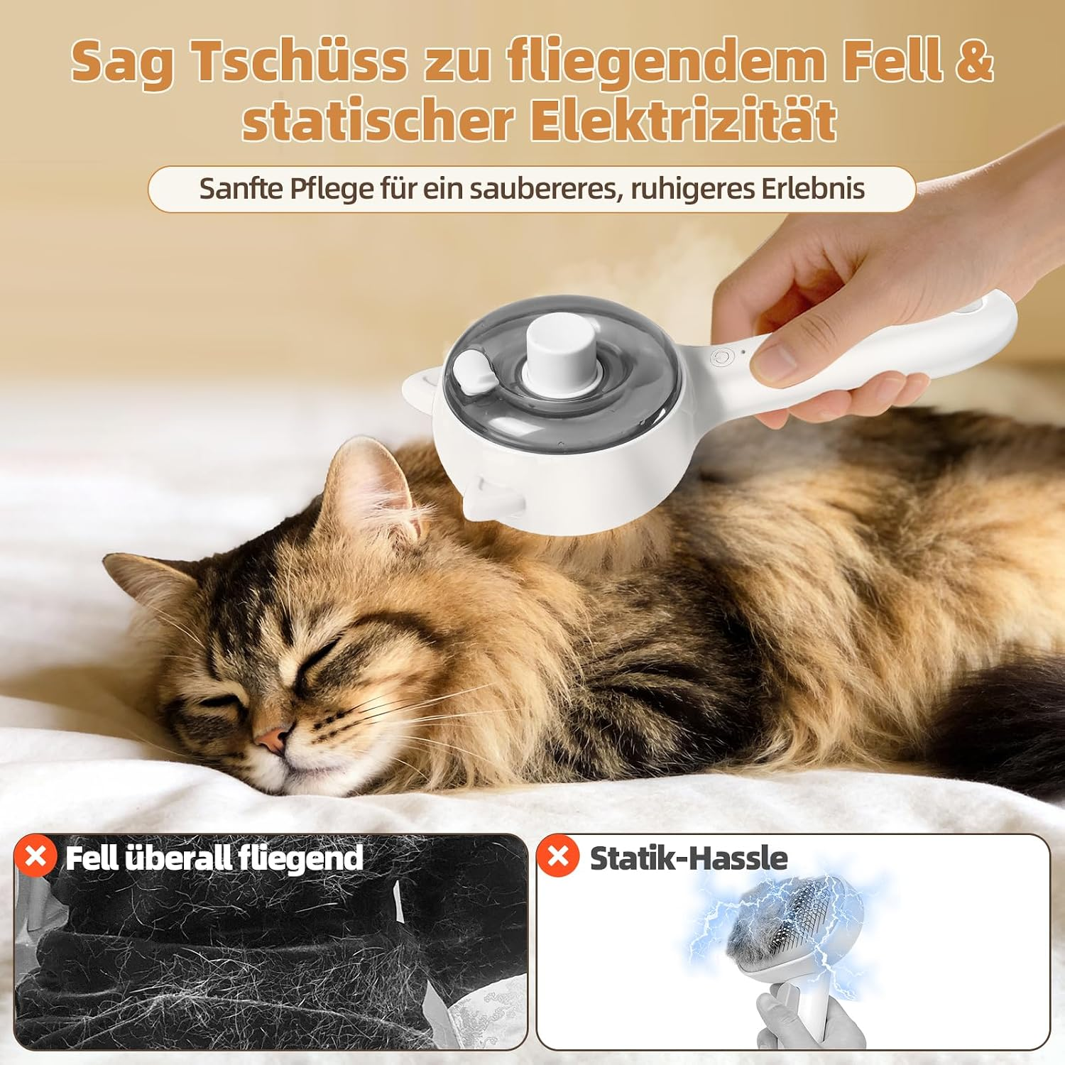 Eine Hand bürstet eine entspannte braune Katze mit einer weißen Dampfbürste auf einem Bett.