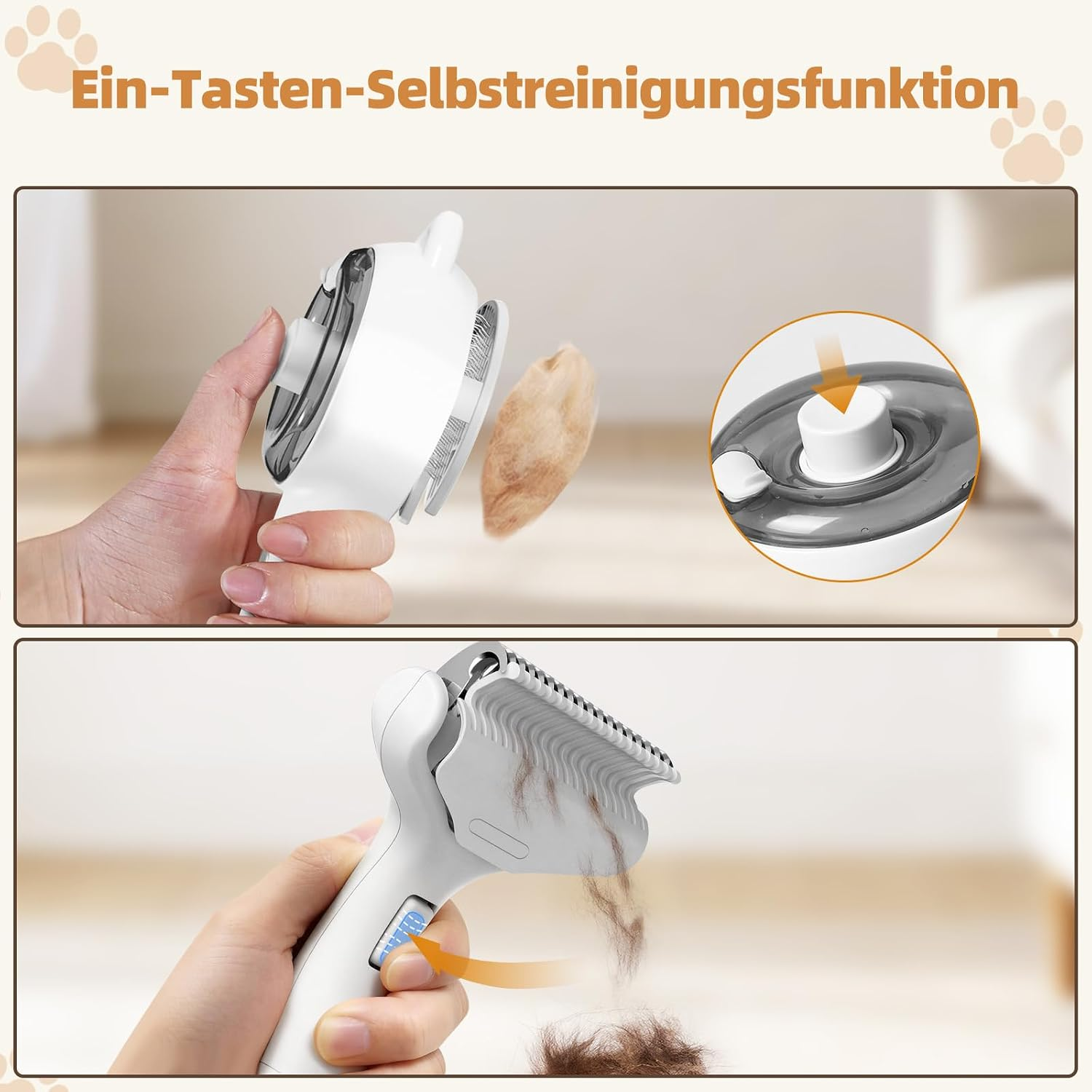 Eine Hand bedient eine weiße Tierhaarbürste mit Ein-Tasten-Selbstreinigungsfunktion, während sich Haare lösen.