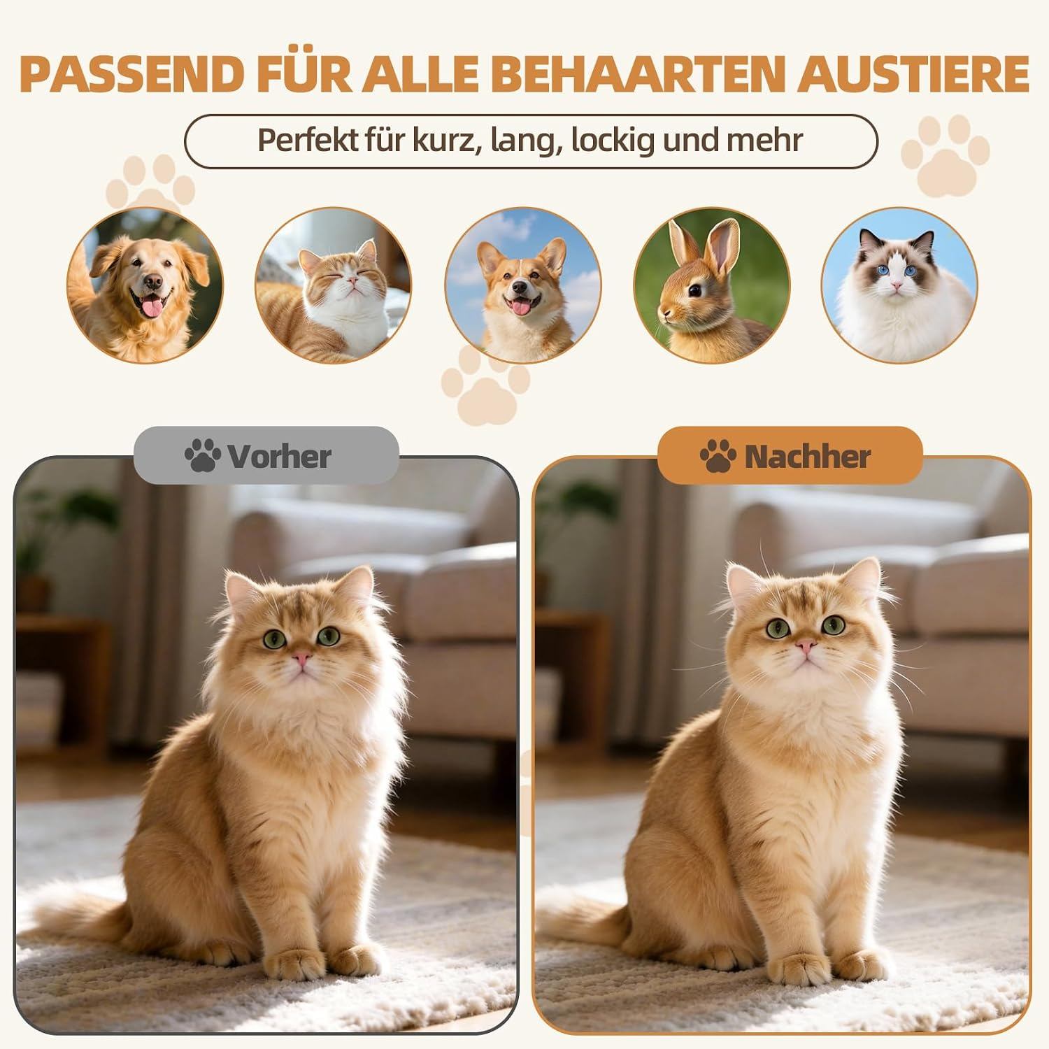 Produktwerbung mit Katzen- und Hundebildern sowie Vorher-Nachher-Vergleich.