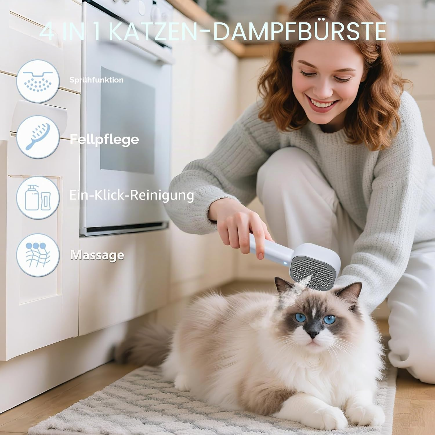 Eine Frau bürstet eine langhaarige Katze mit einer weißen Dampfbürste in einer Küche.