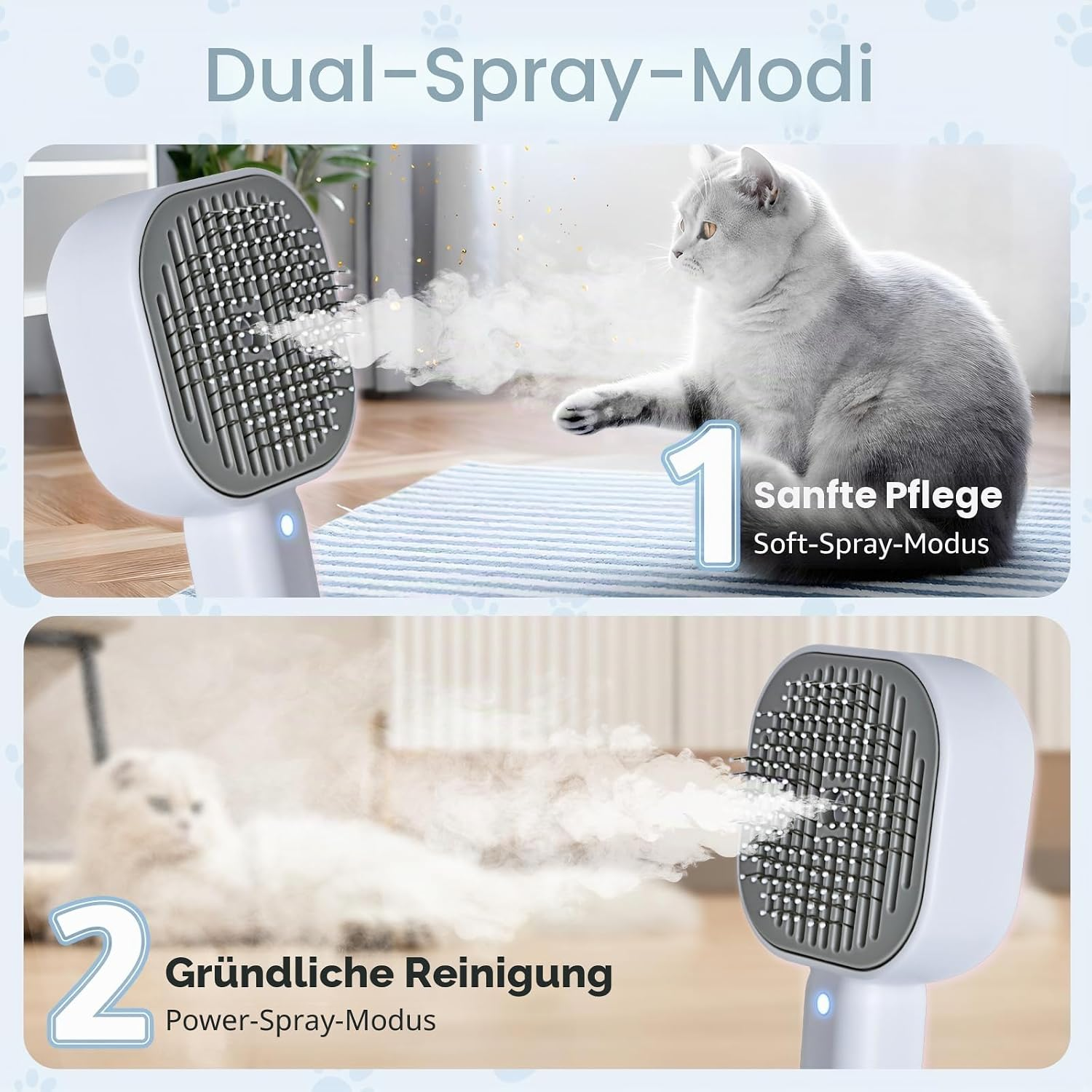 Haustierbürste mit Wasserspray-Funktion und einer Katze im Hintergrund.