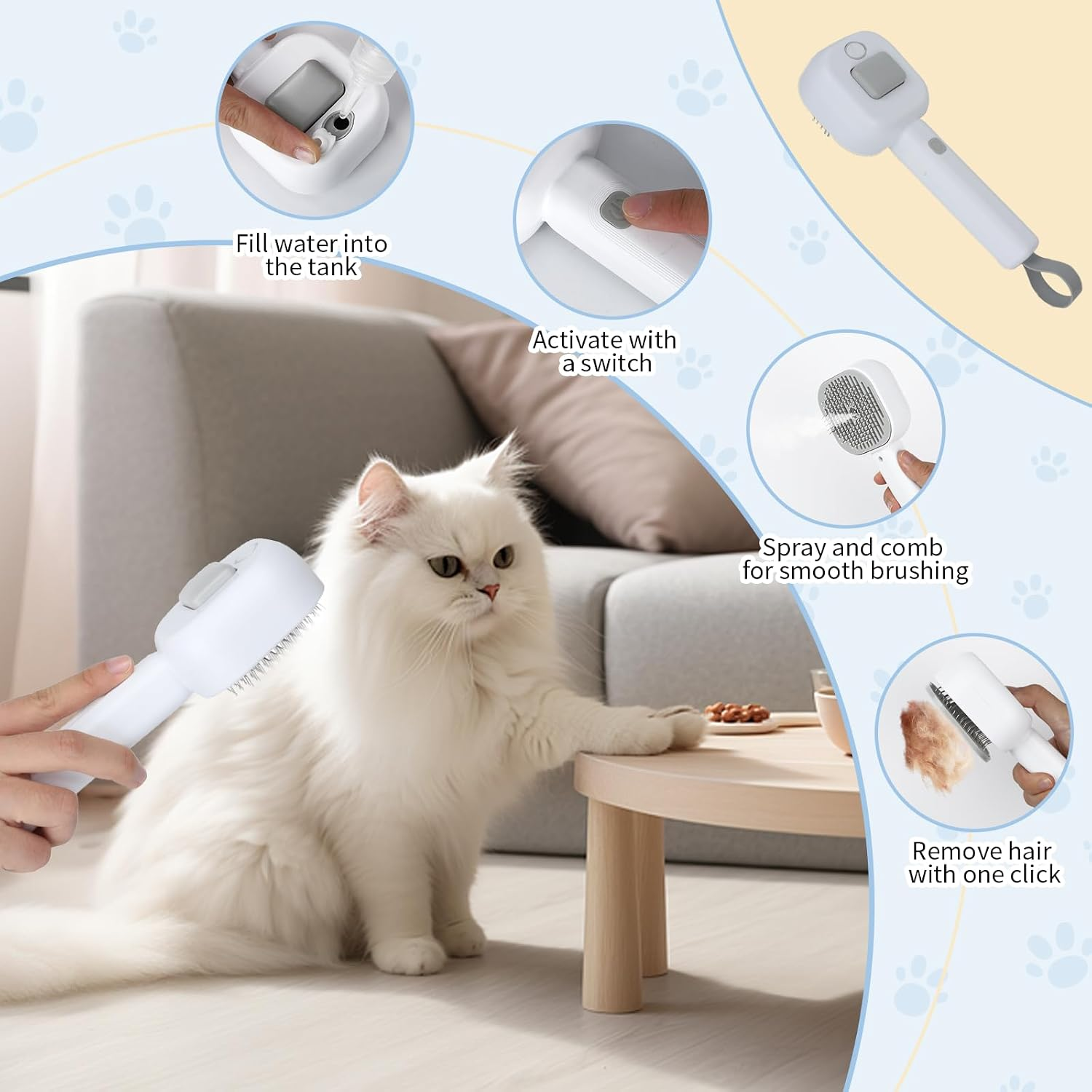 Eine weiße Katze wird mit einer Dampfbürste gebürstet, mit Schritten zum Wasserfüllen, Einschalten und Fellentfernen.