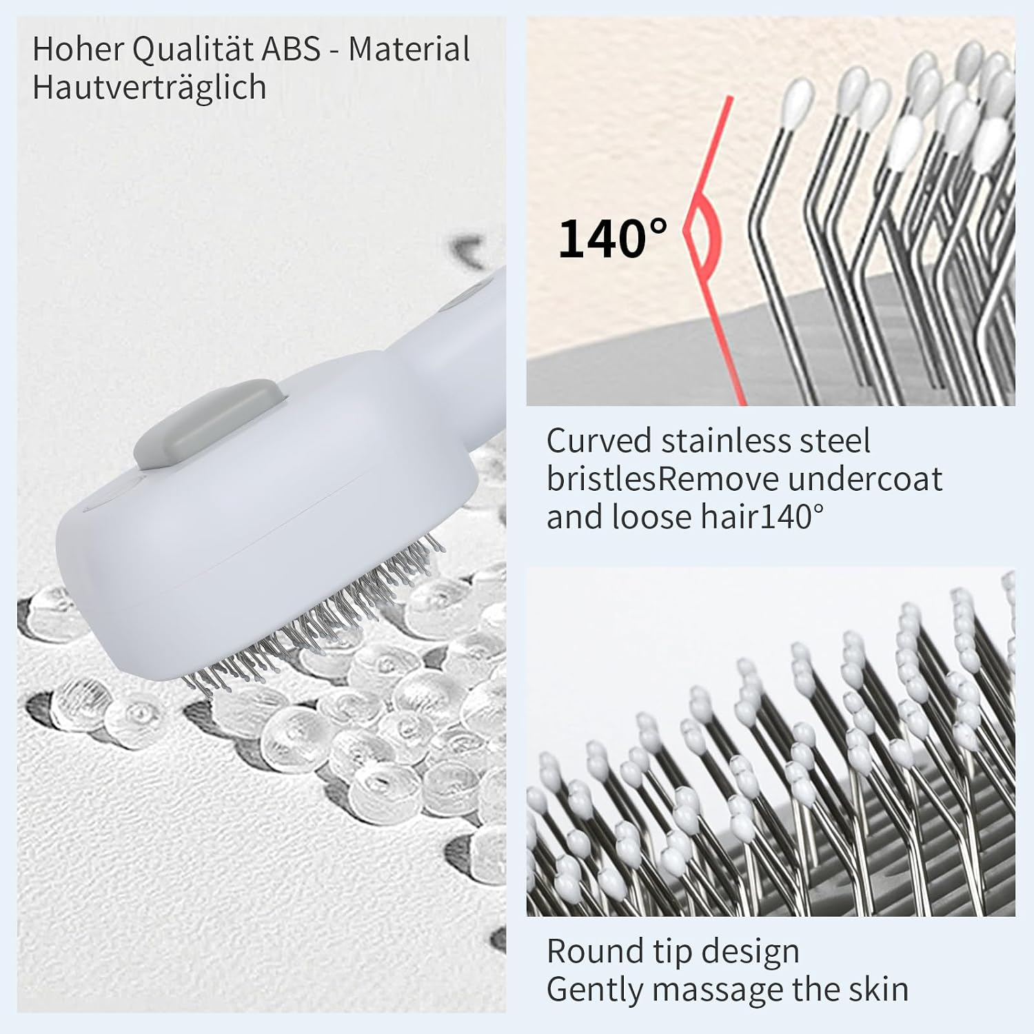 Eine Haustierbürste mit gebogenen Borsten, runden Spitzen und ABS-Material.