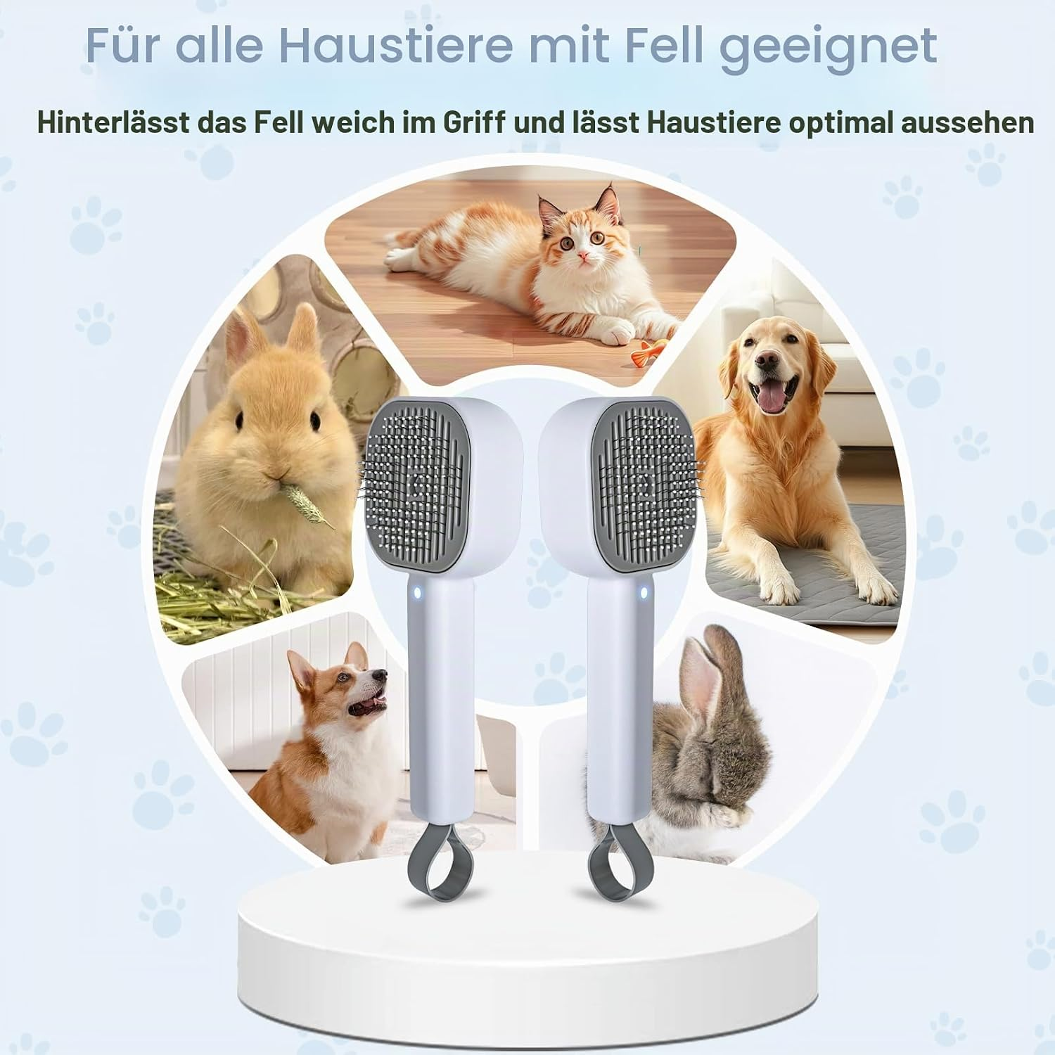 Zwei weiße Haustierbürsten auf einem Podest, umgeben von Bildern verschiedener Haustiere mit Fell vor blauem Hintergrund.