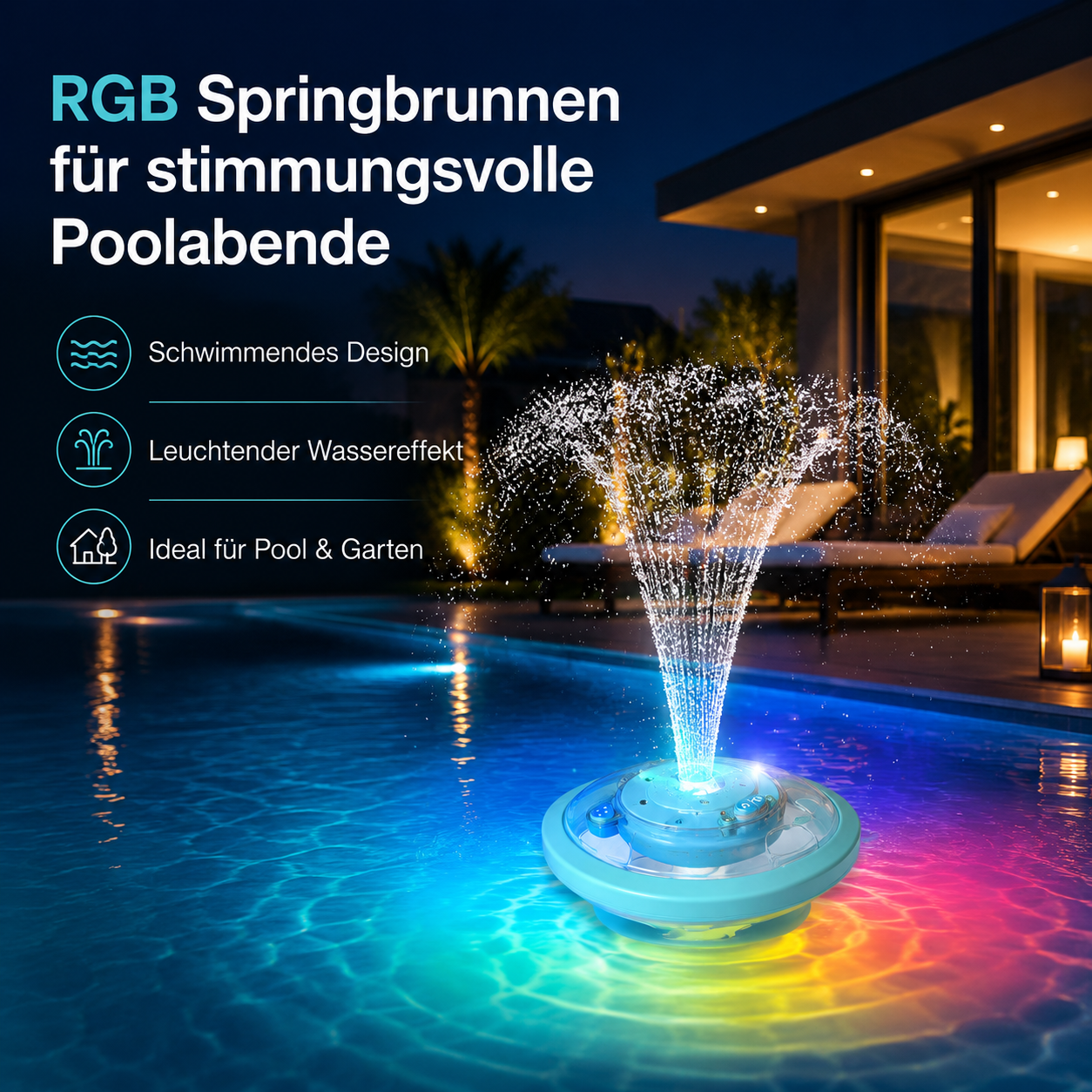 Beleuchteter LED-Springbrunnen schwimmt im Pool bei Nacht mit Text und Icons auf der linken Seite.