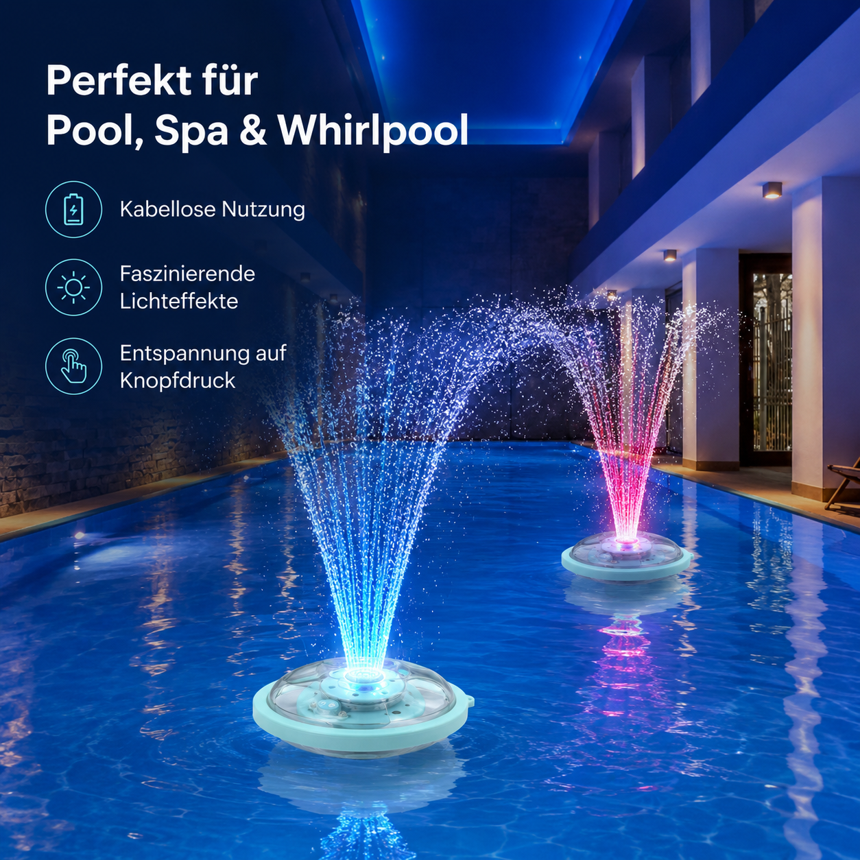 Beleuchtete schwimmende Springbrunnen im Innenpool mit Text auf der linken Seite.